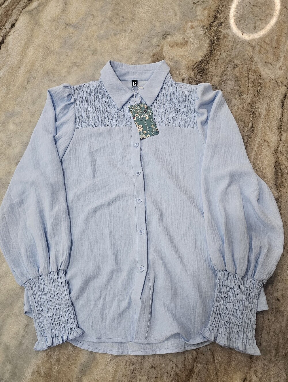 Cici Bird Sky Blue Smocked Button Front Blouse NWT Medium
